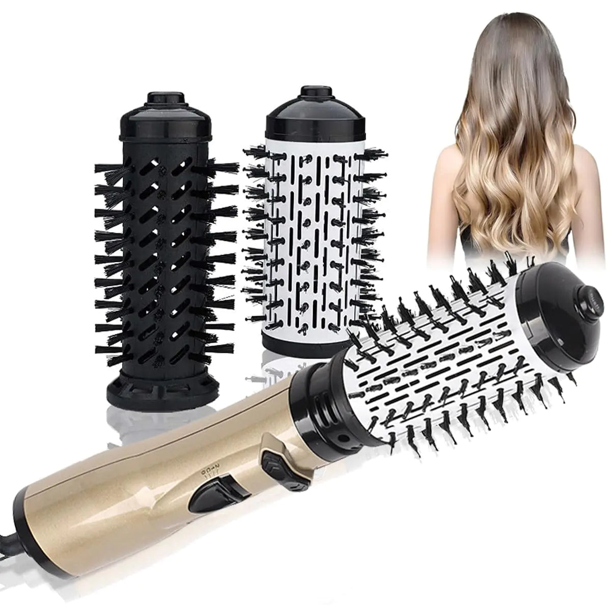 3-in-1 Hot Air Styler and Rotating Hair Dryer Spin Hair Dryer Brush with 2 Interchangeable Brush Anti-frizz Hot Air Spin Brush Set for Straightening Drying and Curling (Gold)